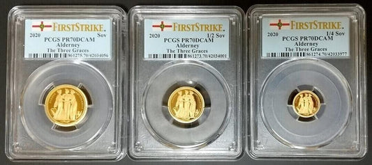 2020 British Alderney Three Graces Sovereign Gold Coins Set of 3 PCGS PR70 DCAM